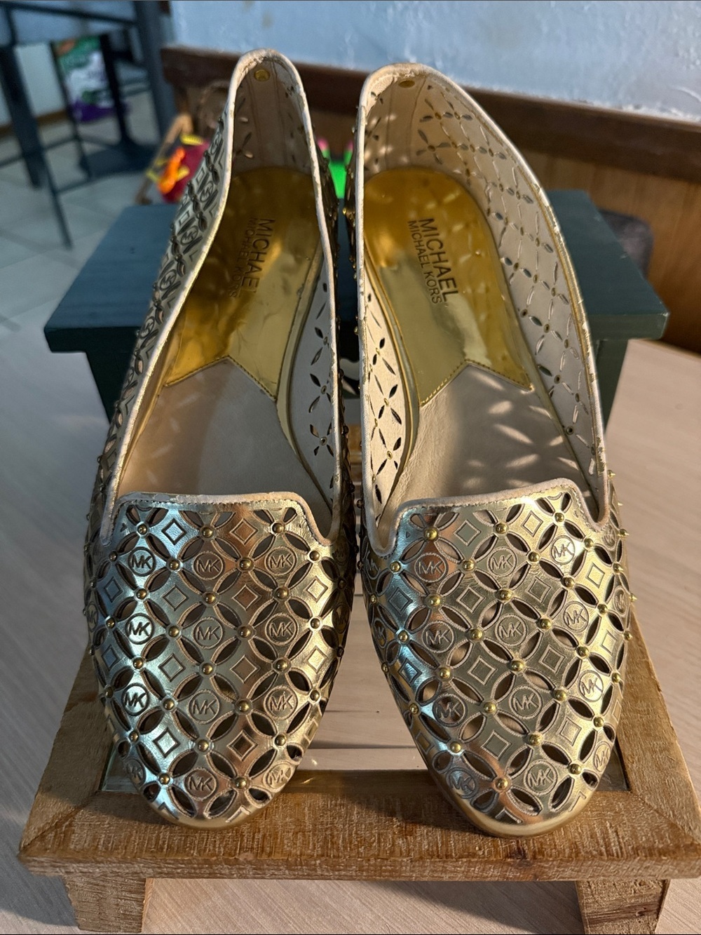 Michael Kors Gabriella Metallic Gold Perforated Logo Flats